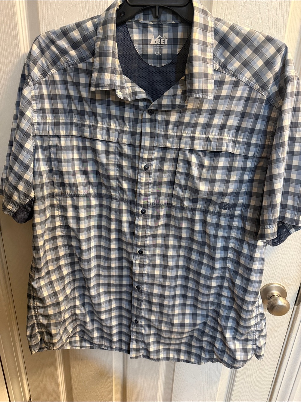 REI Men’s Short-Sleeve Plaid Button-Down Shirt — Blue, White, Gray